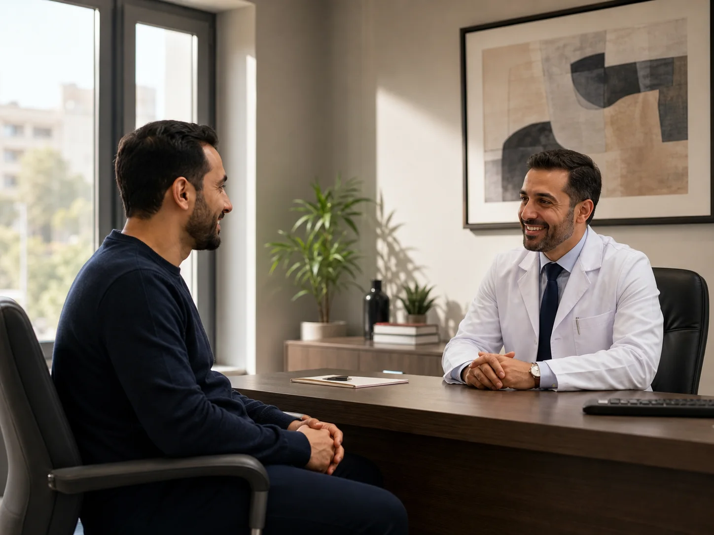 Male patient speaking with a male doctor in a private consultation room