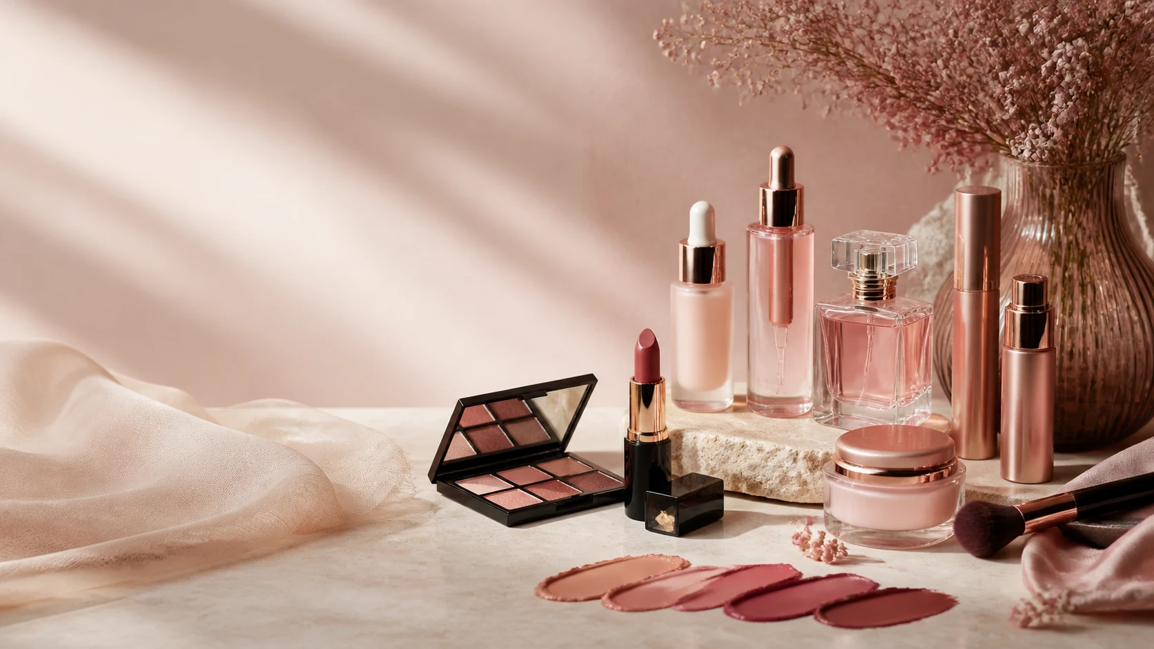 Editorial beauty campaign with blush cosmetics, serums, perfume bottles, and lipstick shade smears