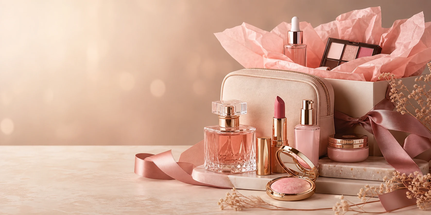 Premium beauty offer banner with gift set, serum, lipstick, perfume, and blush tissue