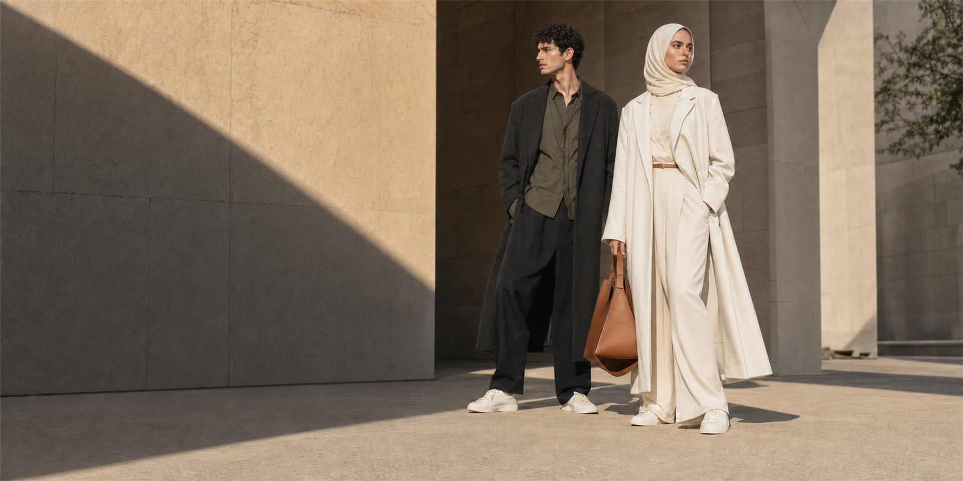Model wearing an ivory tailored look in sunlit stone architecture