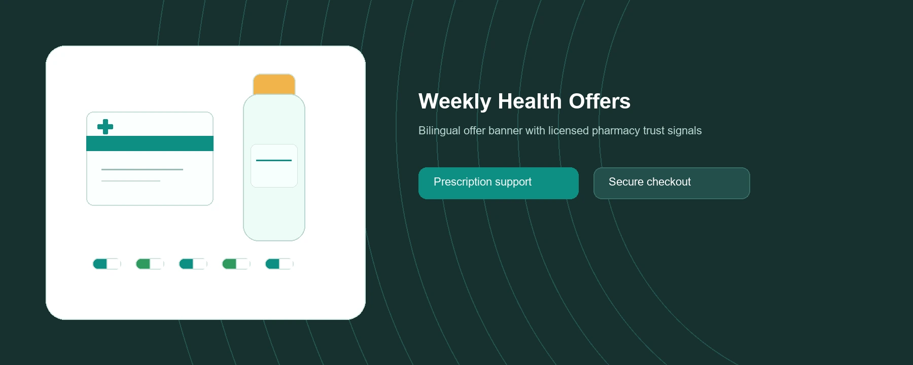 Clinical pharmacy offer banner with medicine boxes and wellness products