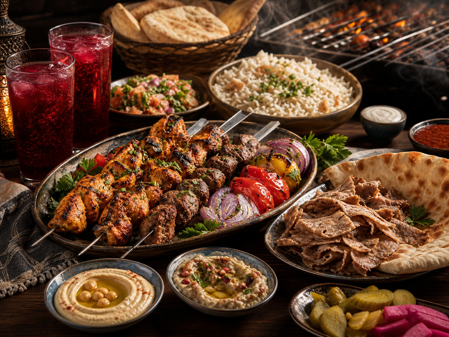 Family-style mixed grill combo with mezze, bread, pickles, rice, and drinks