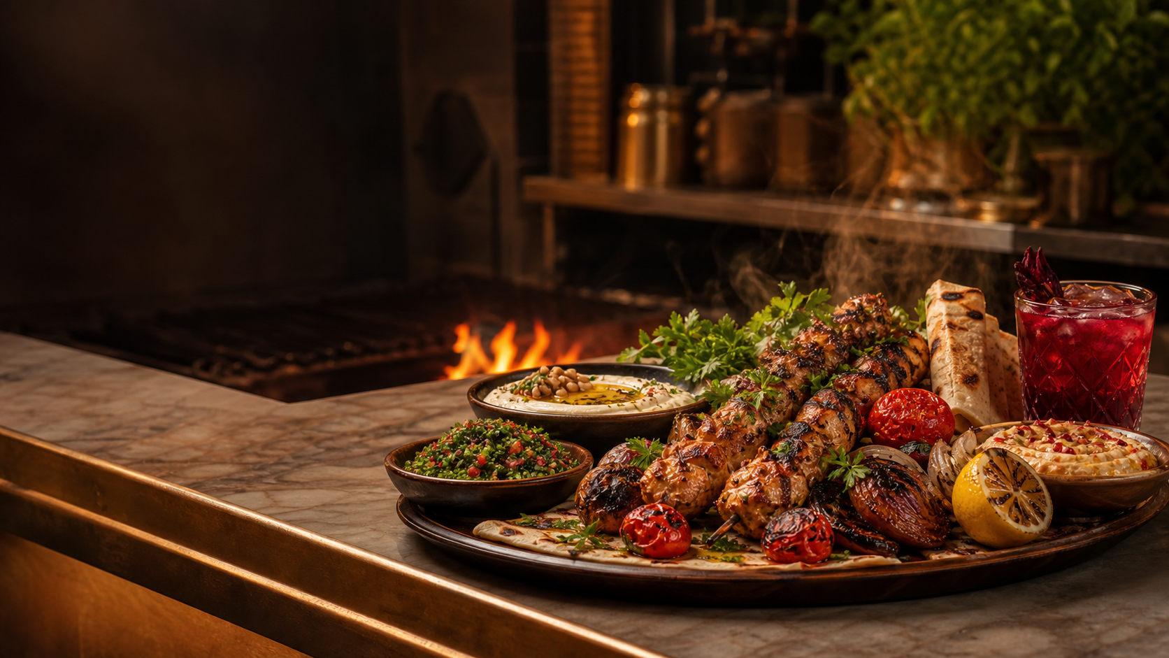 Warm cinematic spread of grilled food, mezze, herbs, bread, and hibiscus drinks