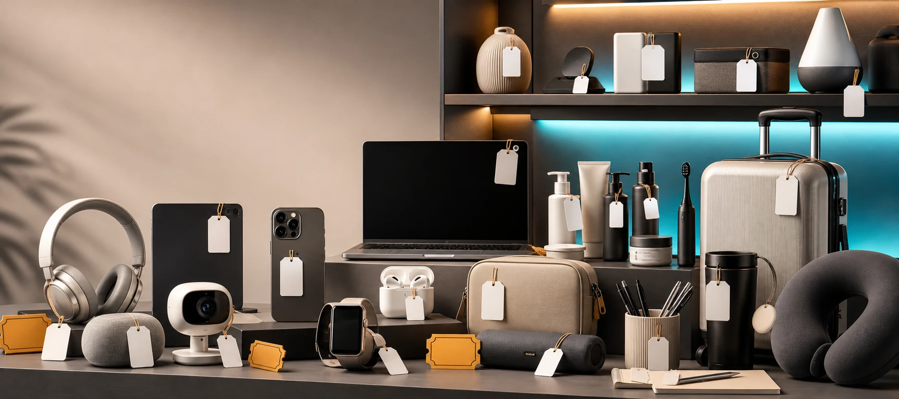 Modern retail deal banner with mixed products on warm modular shelves