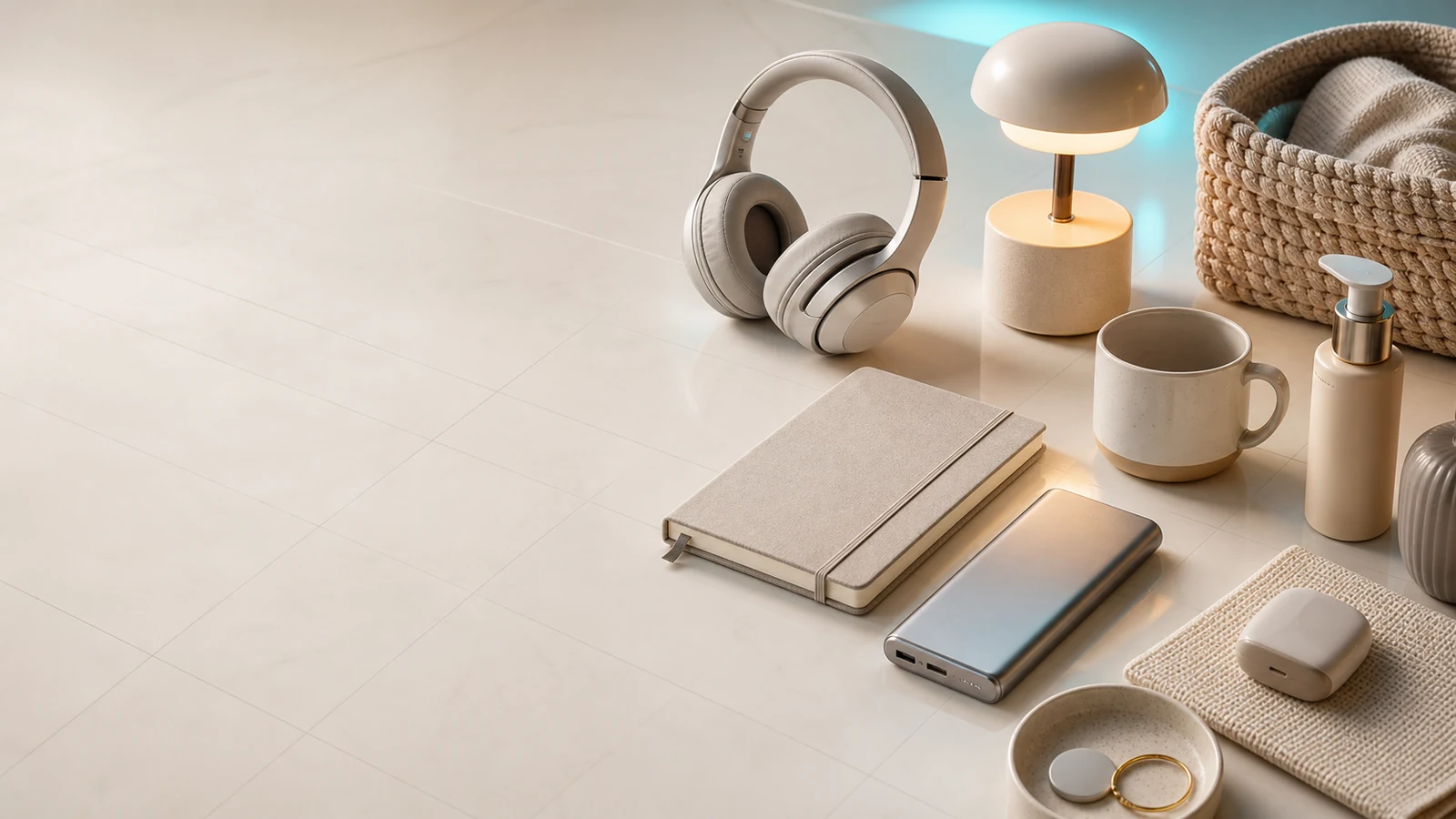 Premium mixed retail flat lay with electronics, home goods, stationery, and personal care products
