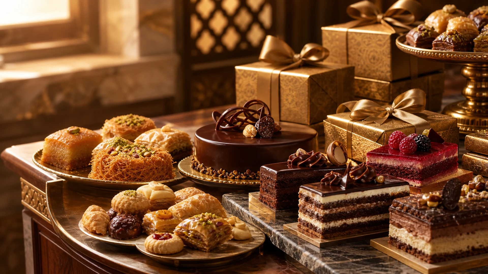 Premium Egyptian patisserie counter with gateaux, oriental sweets, cookies, chocolate, and gift boxes